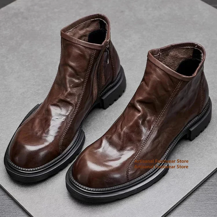 High Top Thick Soled Men's Leather Boots Side Zipper Chelsea Boots British Style Black/coffee Leather Boots Trendy Men's Shoes