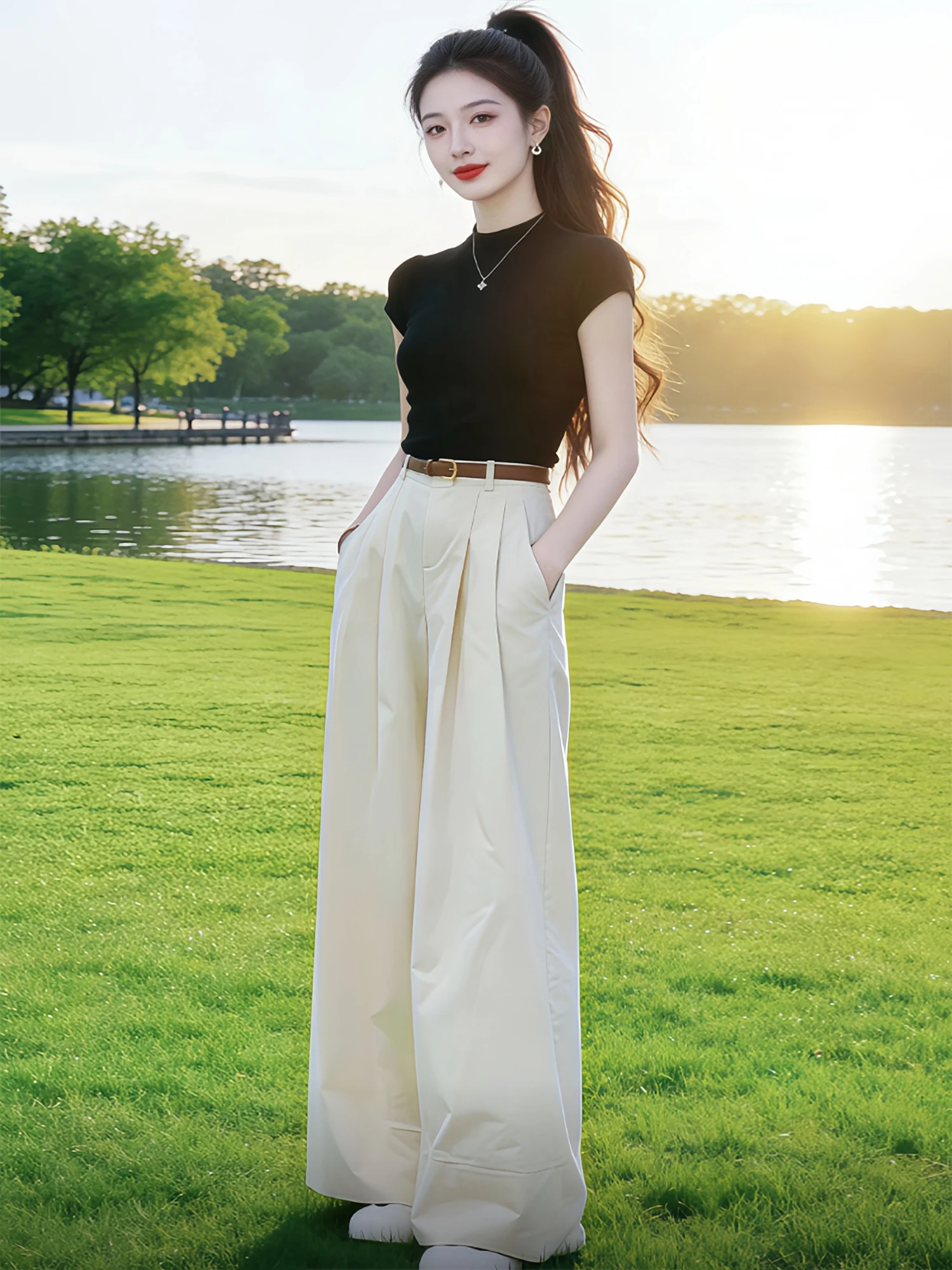 

Summer Fashion Set Women's 2026 New Black Slim Fit Short Sleeve T-Shirt Loose Wide Leg Pants Two Piece Set Casual Style