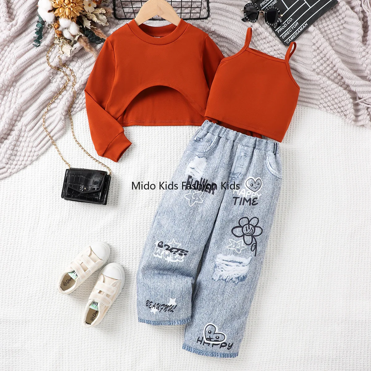 2026 New Kids Girls Streetwear Set Orange Red Crop Sweatshirt Camisole Graffiti Ripped Jeans 3PCS Fashion Outfit for 2-7Y