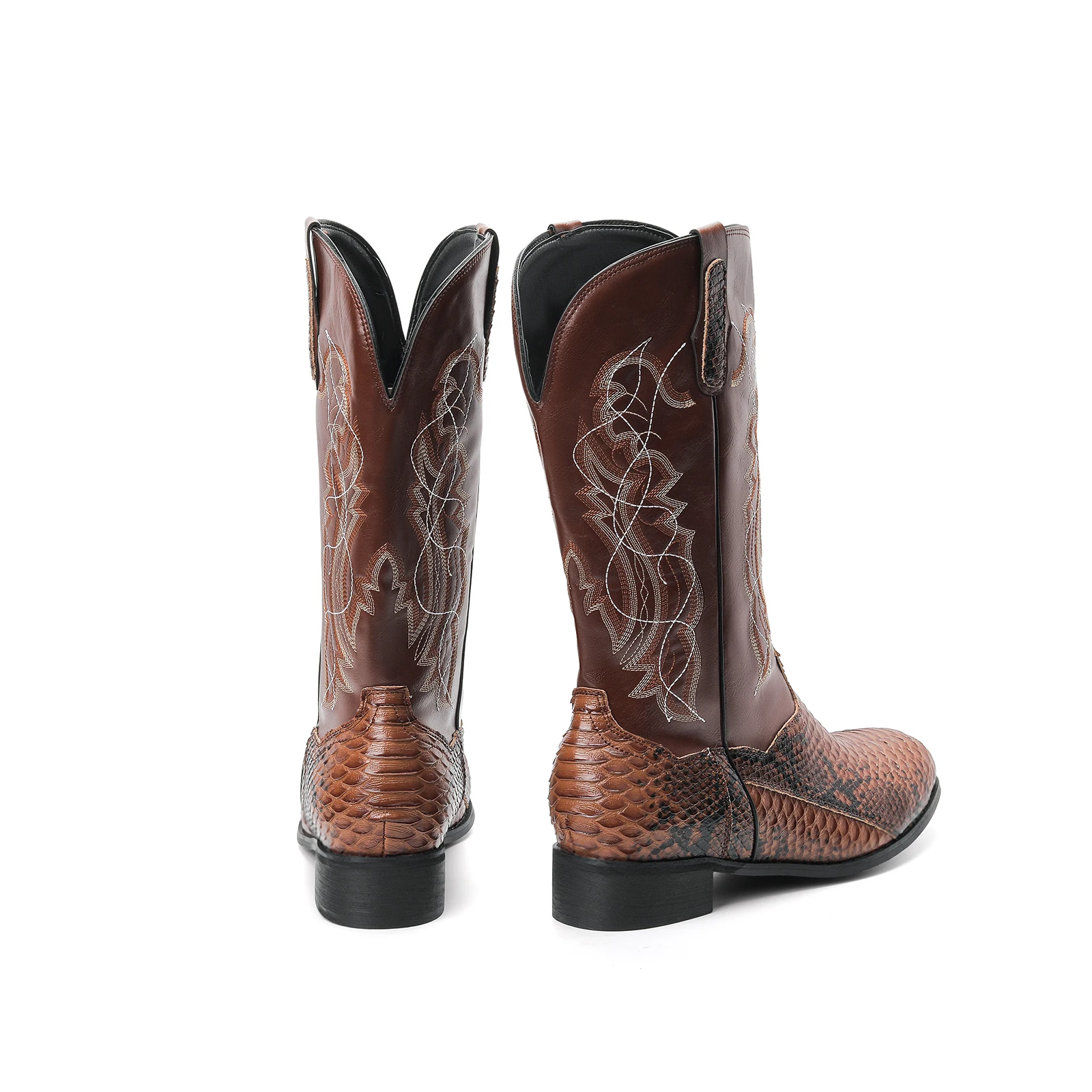 Round Toe Embroidered Snake Print Cowboy Boots Men Mixed Colors Short Boot Cossacks Western Booties Female 6