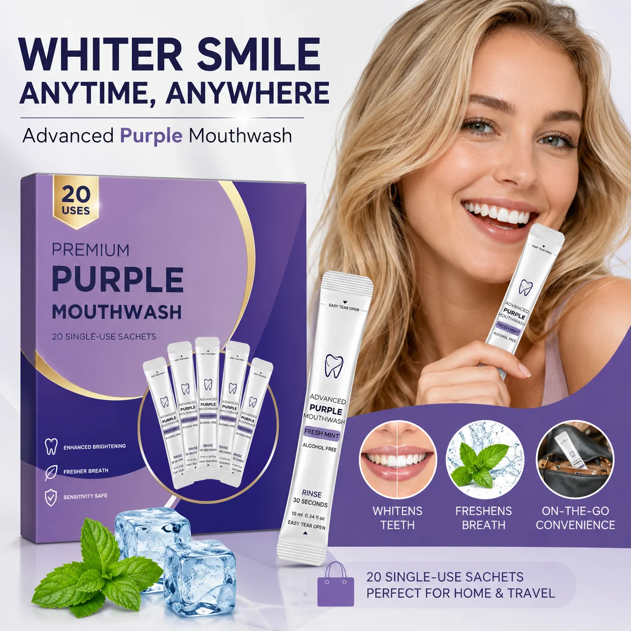 Purple Whitening Mouthwash Correct Teeth Color Reduce Yellowing Fresh Breath Protect Gum Health Dating Travel Portable Mouthwash