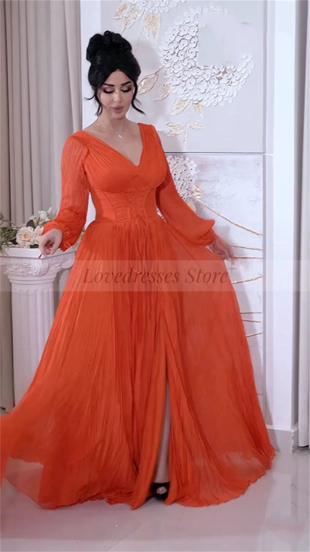 

Customized Chiffon V-Neck Backless Evening Dresses Sweep Train Draped Party Dress Long Sleeve Side Split A-Line Long Prom Dress