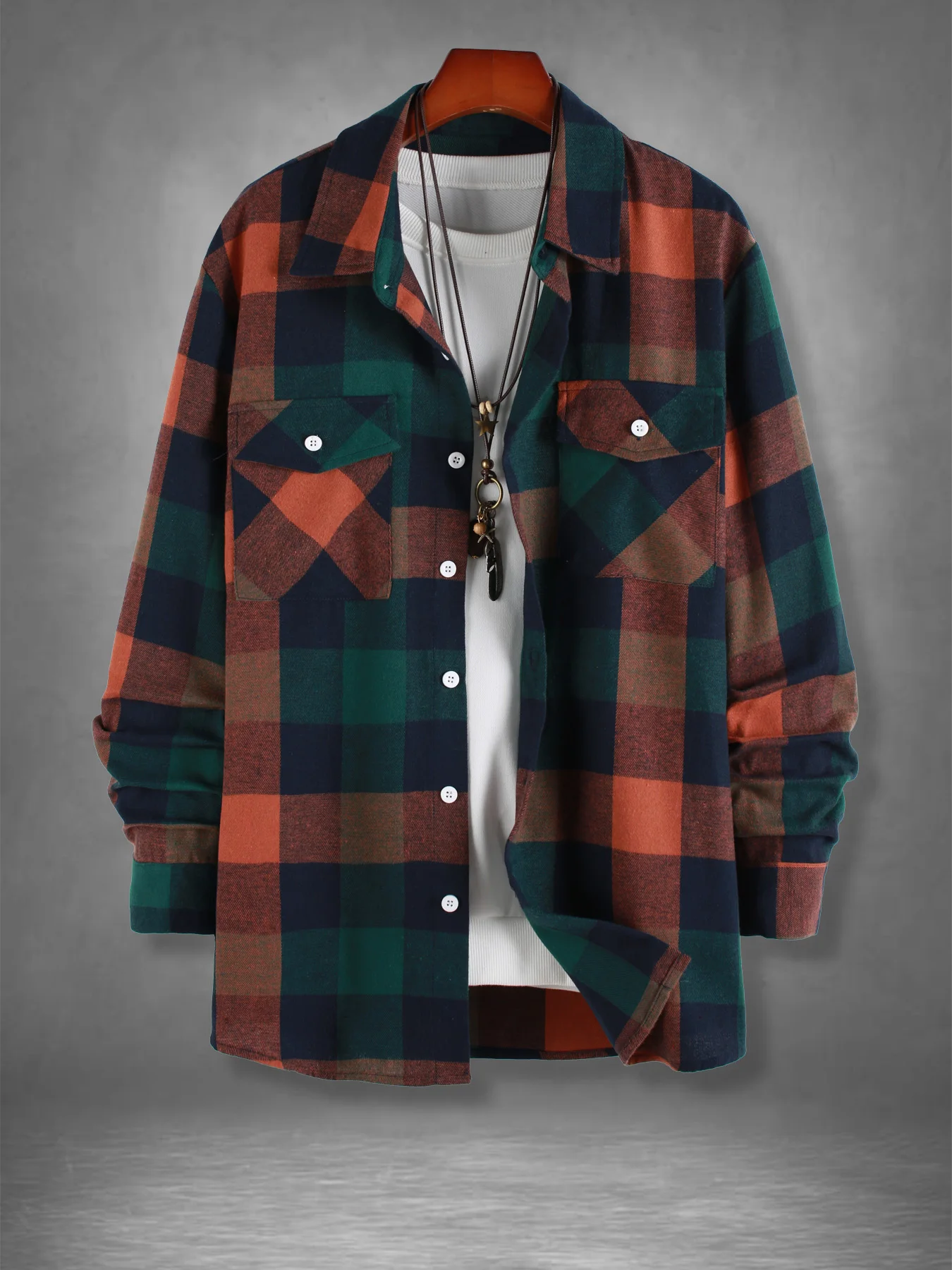 Camisa de Franela a Cuadros Naranja y Verde Retro para Hombre, Chaqueta Casual Holgada con Botones para Primavera y Otoño