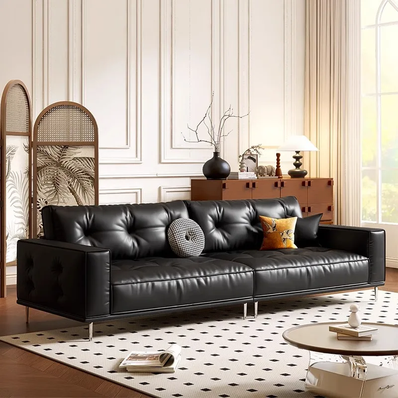 

Customizable Italian minimalist style first layer cowhide antique style living room retro black sofa