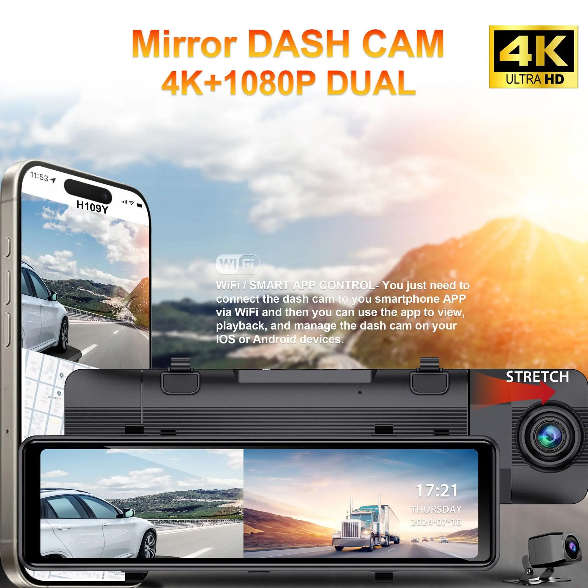 4K ADAS BSD Rearview Mirror Dash Camera 11inch Car Black Box Video Recorder With Wifi Car Camera Dash Cam Front And Rear 4k