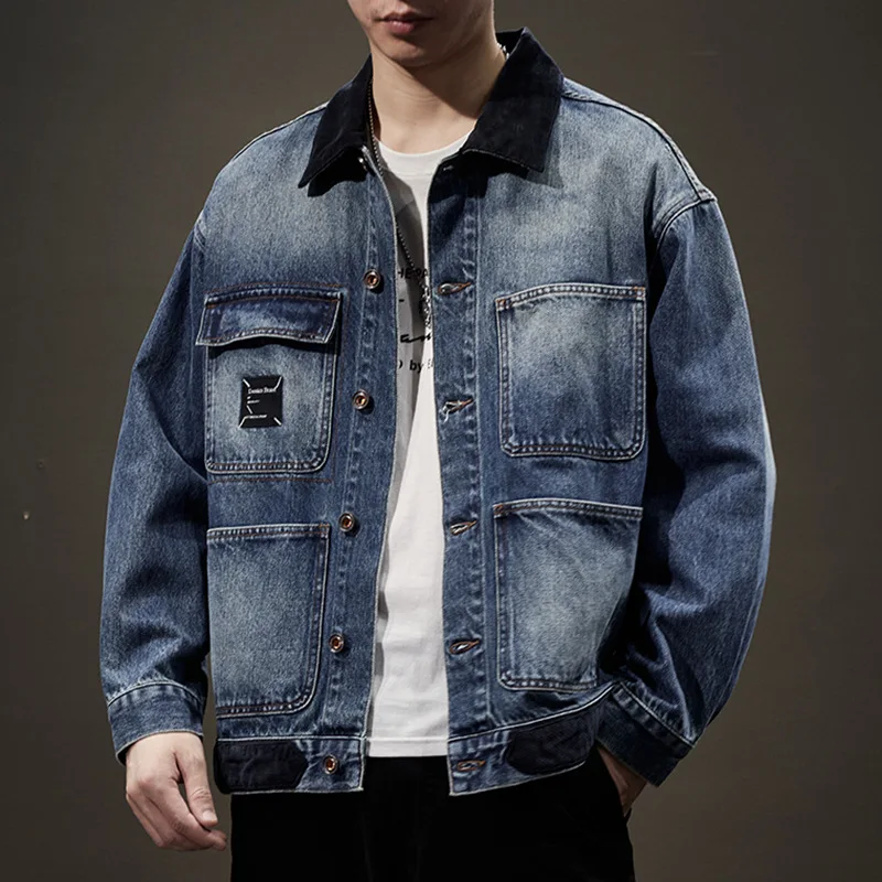 

Fall fashion vintage wash denim jacket with patchwork lapels men's fashion cargo jacket