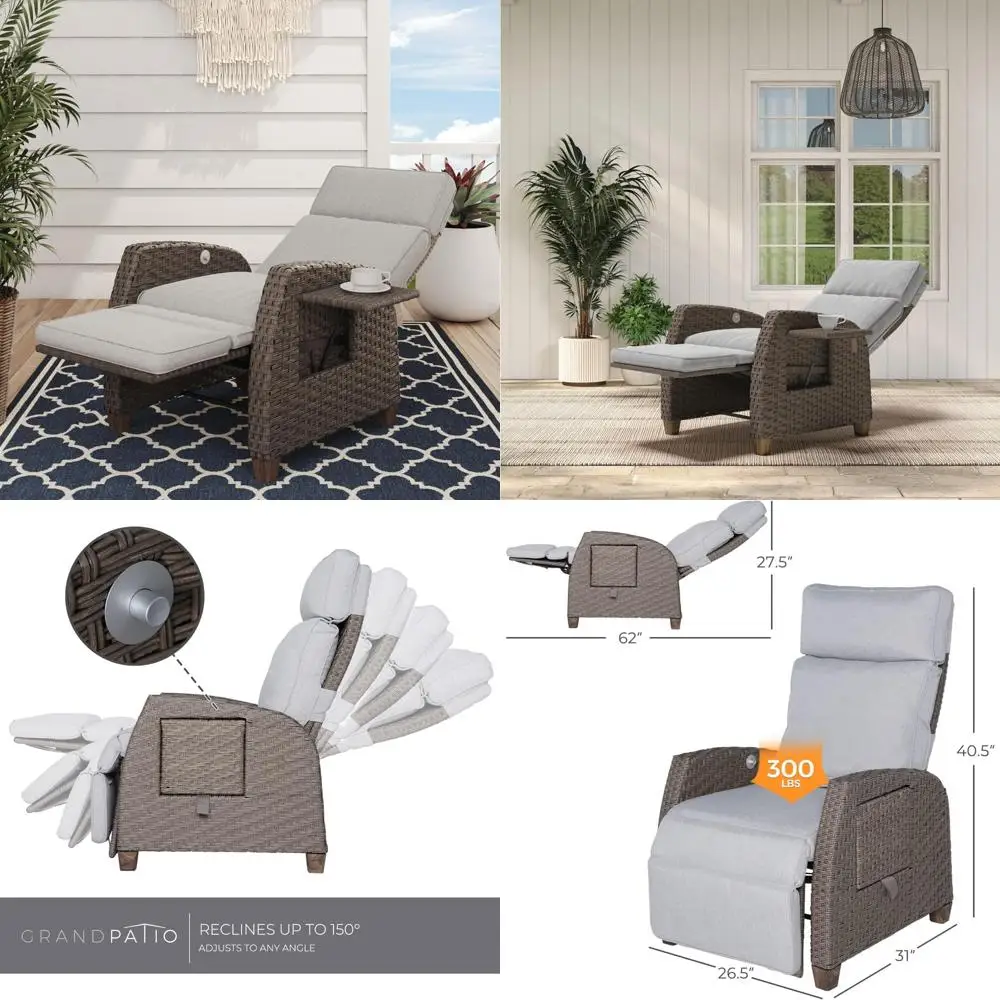 

Indoor Outdoor Recliner Chair with Flip Table, PE Wicker, Reclining Lounge Chair, Mist Grey