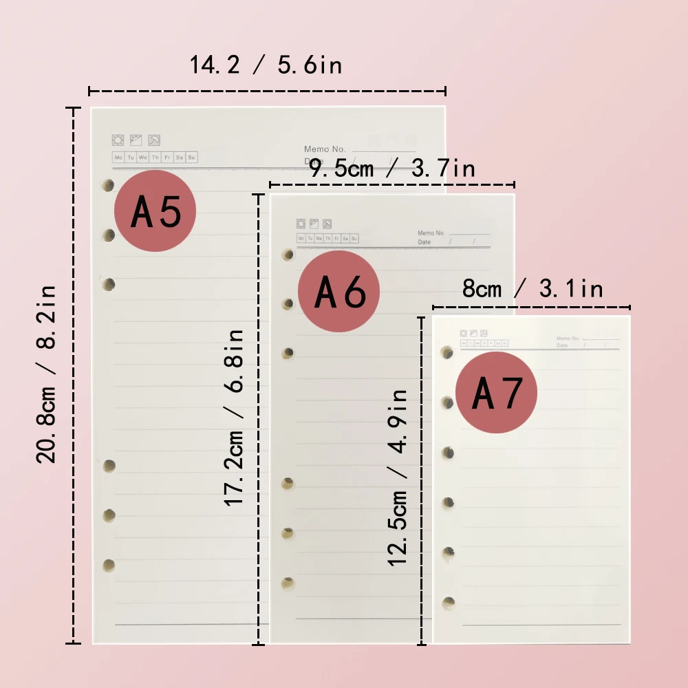 1 Pack A5/A6/A7 Refill Paper, 6 Holes Loose Leaf Paper, 6 Ring Refillable Binder Notebook Planner Diary