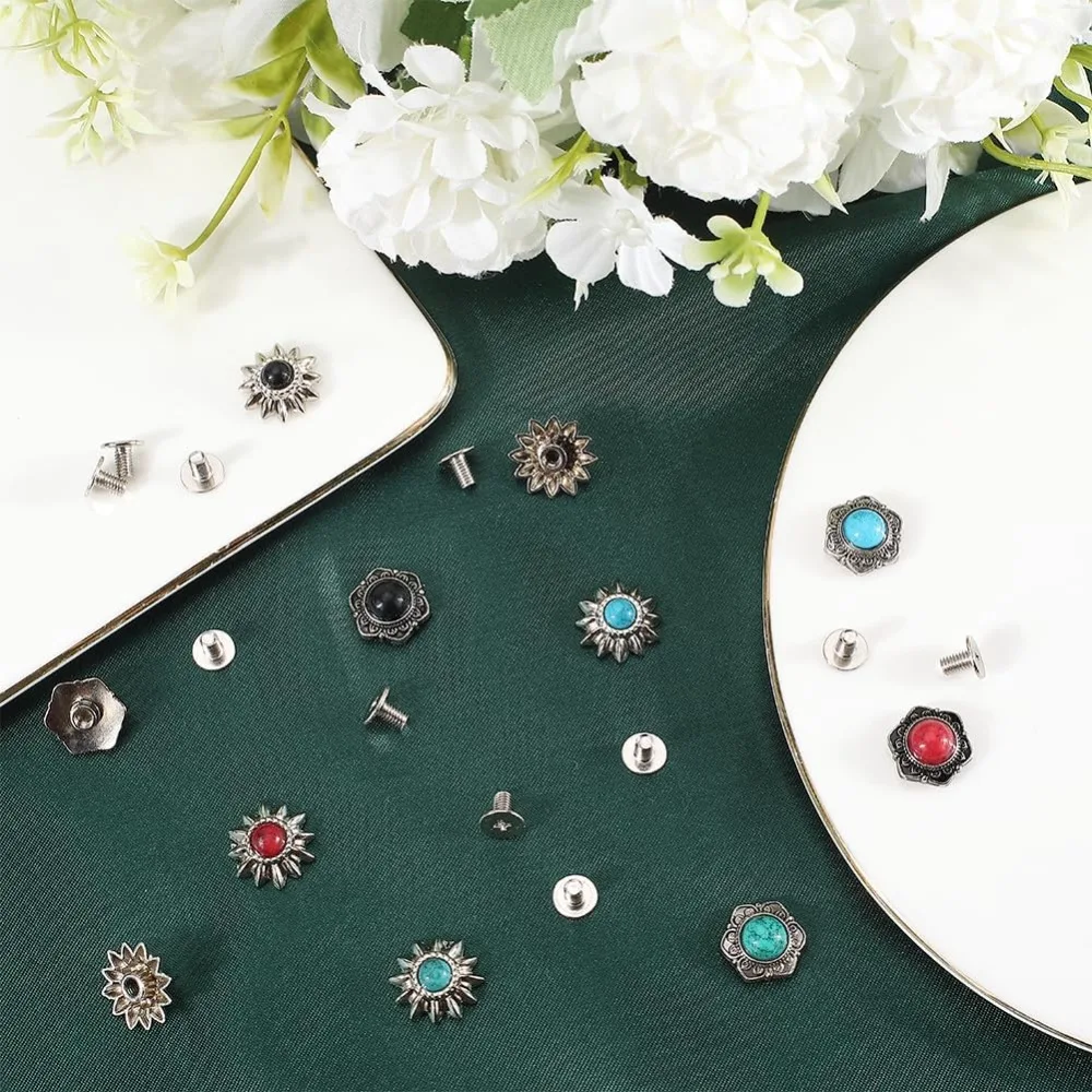 24 Sets 8 Styles Western Screw Back Buttons 13mm Conchos Turquoise Cowboy Vintage Flower Decorative Leather Buckles Natural