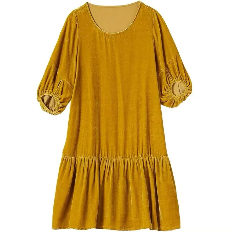 ชุดเดรสกำมะหยี่สีทองสไตล์ลำลอง แบรนด์ใหม่ ฤดูใบไม้ผลิ แขนทรงโคมไฟ สำหรับผู้หญิง ชุดเดรสกำมะหยี่หรูหราสำหรับงานปาร์ตี้