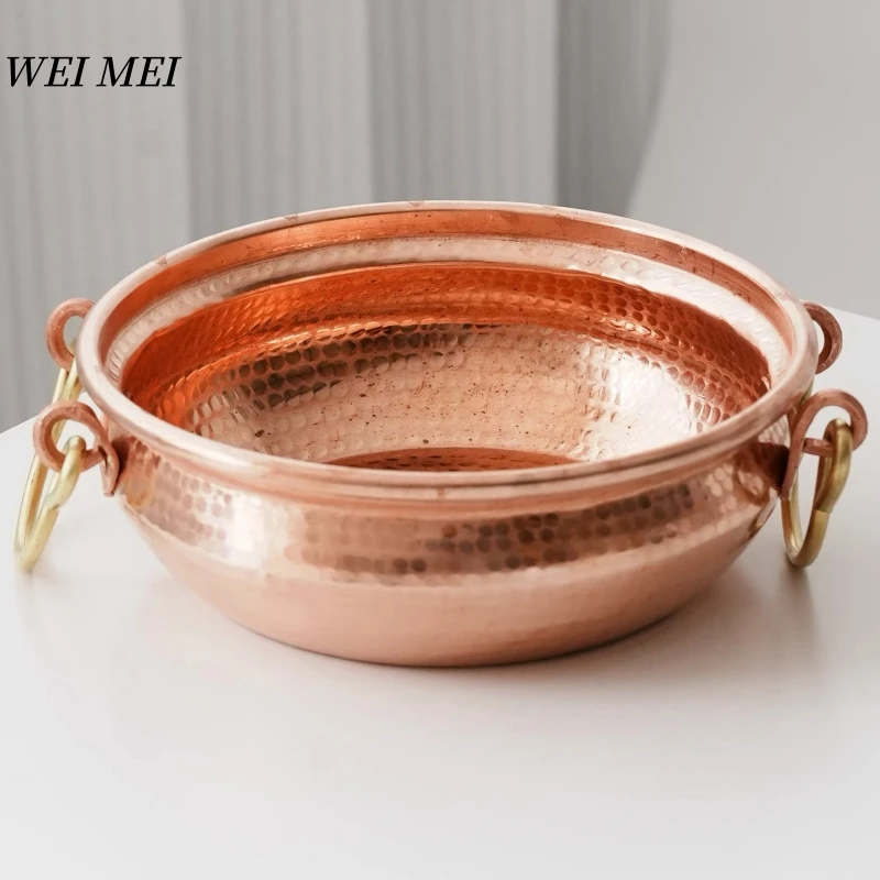 

Pure Copper Circle Roasting Pot,Handcrafted Hammer Texture Picnic Pot,Dinner Double-Handled Skillet Flat Bottom Pan Tableware