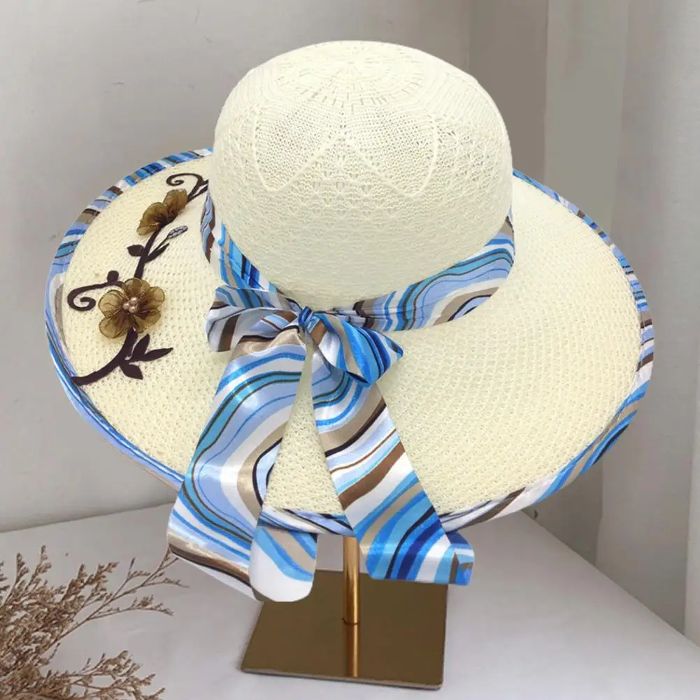 2024 Floppy Straw Hat Flower Stitching Ribbon Bowknot Decor Women Sun Hat Summer Foldable Beach Hat Anti-UV Sunshade Straw Hats