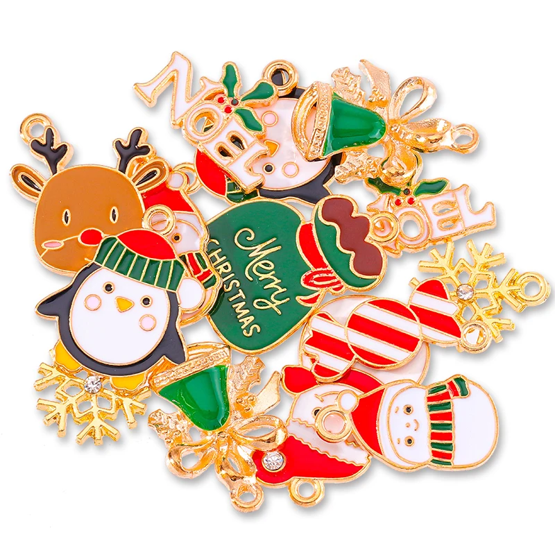 10Pcs Cute Christmas Tree Snowflake Bells Reindeer Christmas Pendant Charms for Jewelry Making DIY Bracelet Necklace Ornaments