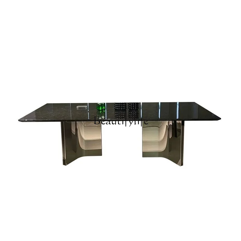 

Black Luxury Stone Dining Table Stainless Steel Black Sand Natural Marble Dining Table