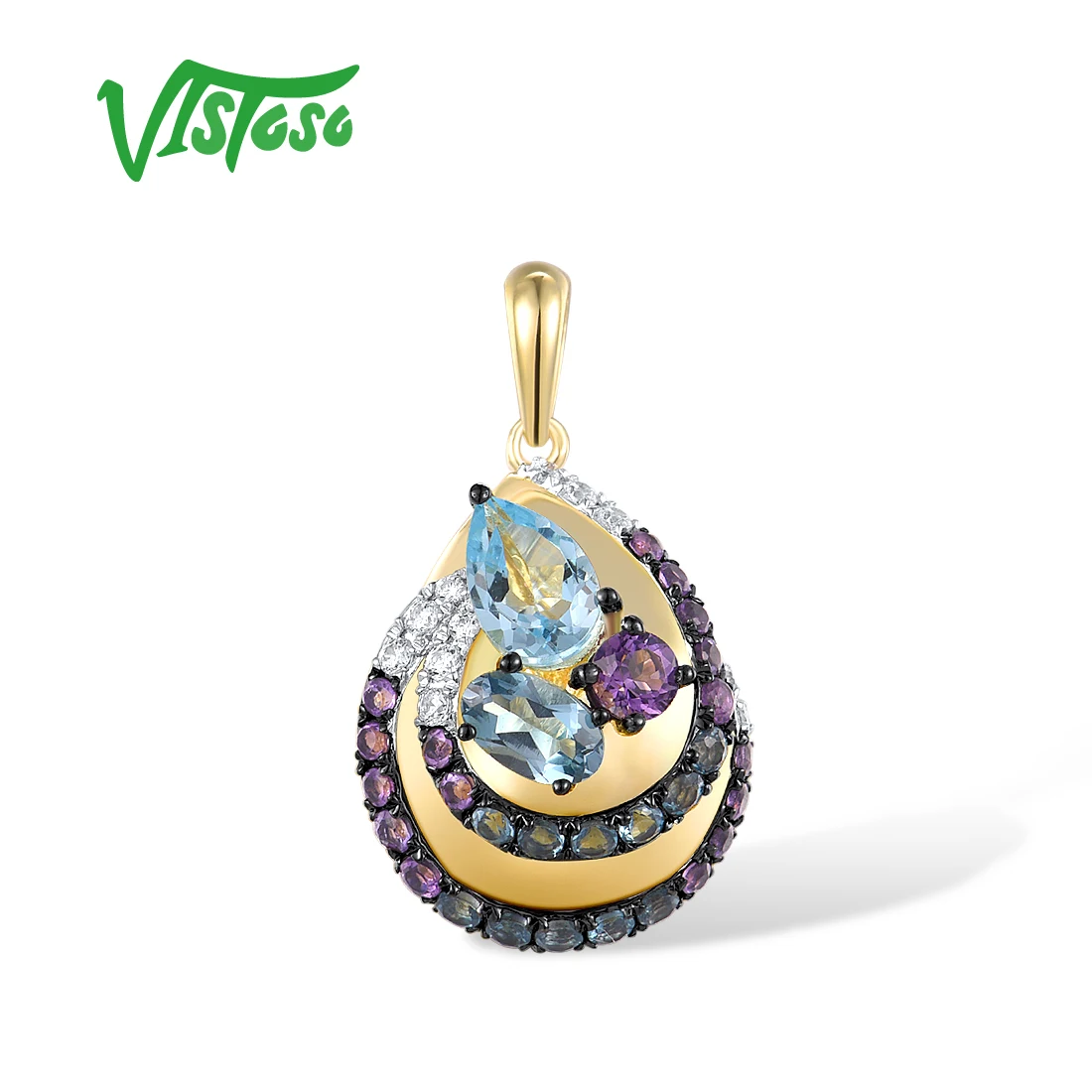 VISTOSO Real 14K 585 Yellow Gold Pendant For Women Sparkling Diamonds Multi Gems Wedding Anniversary Gift Delicate Fine Jewelry