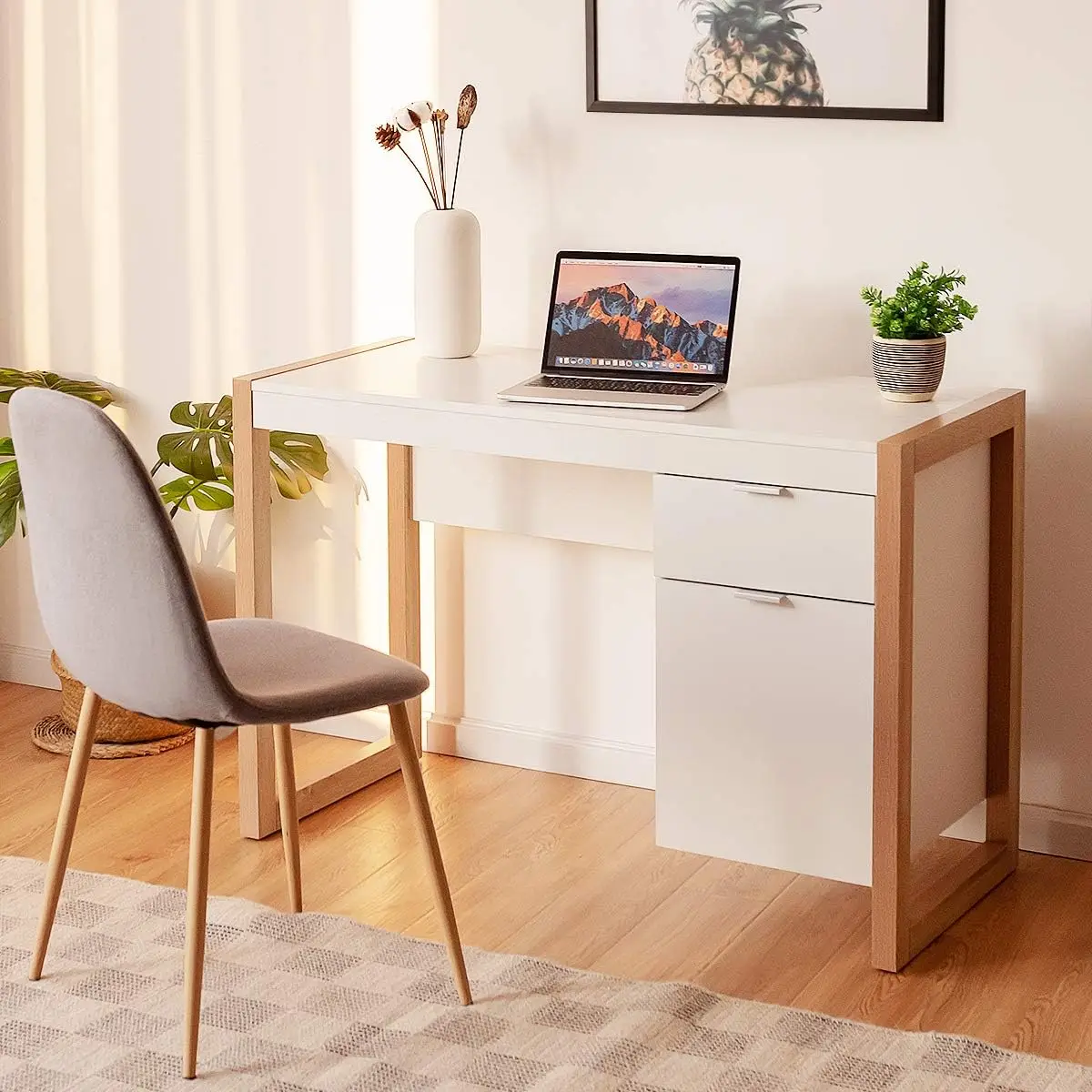 White Desk with Drawer & Cabinet, Wooden Home Office Desk, PC Laptop Workstation Study Writing Desk