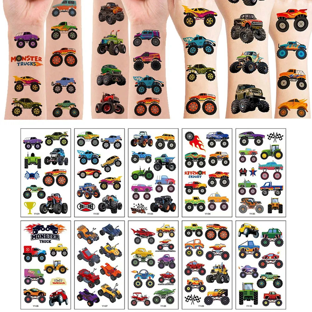 10 Sheets Monster Truck Temporary Tattoos for Kids Boy Birthday Party Supplies Big Cars Theme Party Favors Tattoos