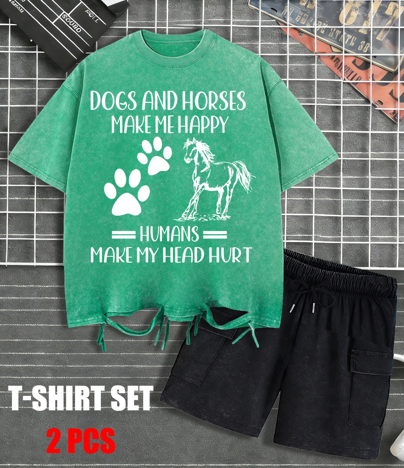 

Dogs And Horses Make Me Happy Print Washed Mens T-Shirt Summer Casual Retro Cotton Shorts Snow Wash Tees Loose O-Neck Streetsuit