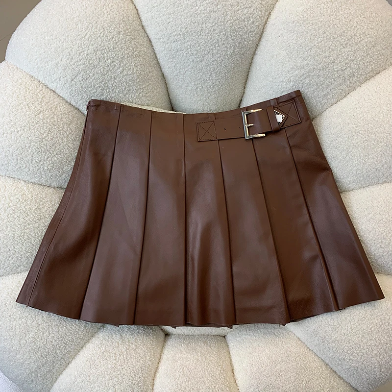 Genuine Sheepskin Skirts for Women 2024 Korean Style Women\'s High Waist A-line Real Leather Skirt Slim Fit Short Pleated Skirt