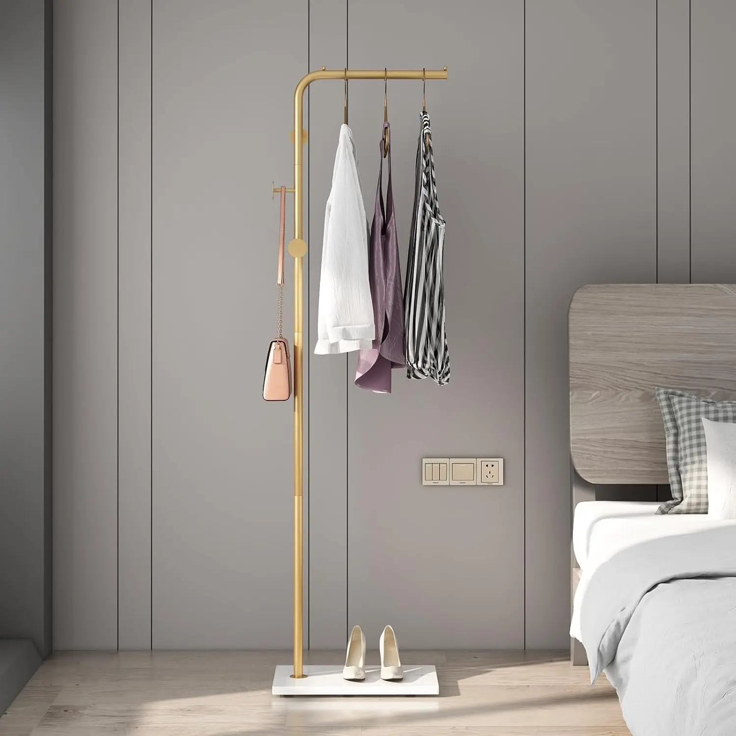 Metal t Racks Freestanding with Crossbar and 3 Hooks, Modern  Hanger with Marble Base, L Shaped Coat Stand