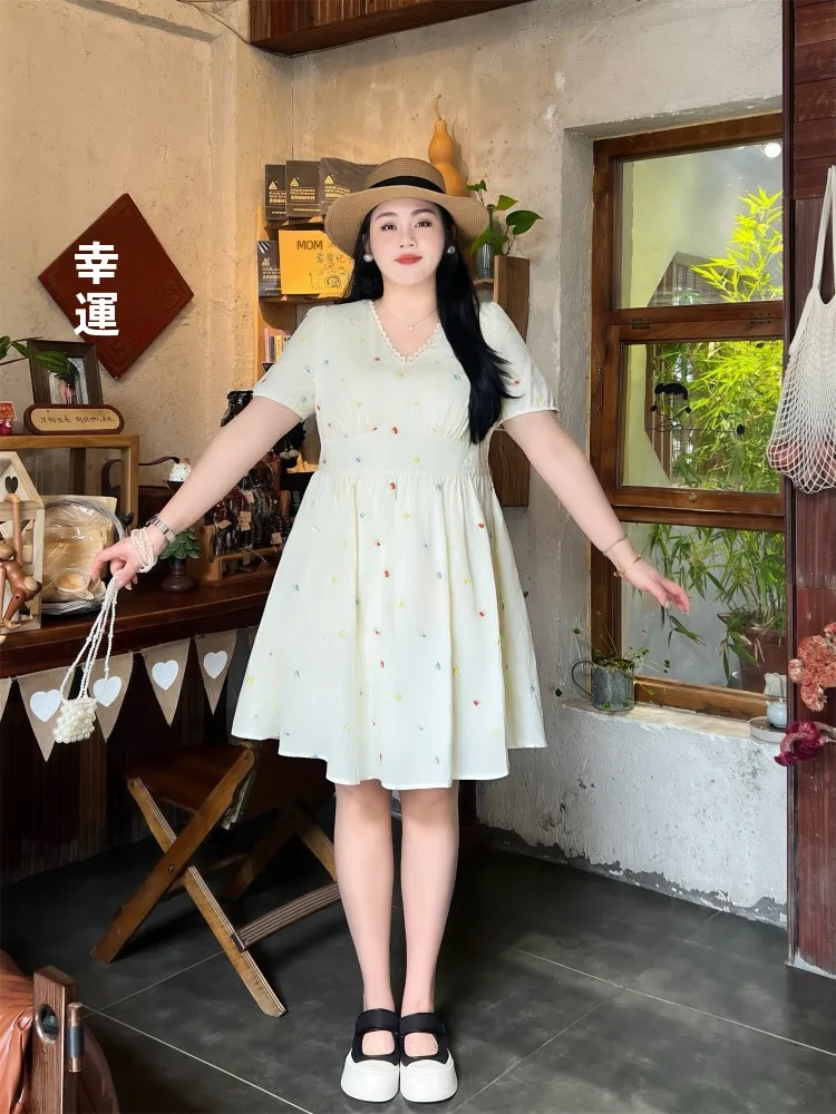 

Sweet Summer Floral Print V-neck Dress Large Size Women's Short Skirt Elegant Casual High Waist Cotton A-line Dress