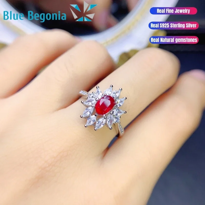 Natural Ruby Ring S925 Sterling Silver Fine Jewelry for Women Anniversary Gift 4*6MM Genuine Gemstone