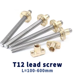 T12 Lead Screw stainless steel trapezoidal screw brass Nut Pitch 2mm Lead 2mm/8mm/10mm/12mm 3D Printer Trapezoidal Rod 100-600mm