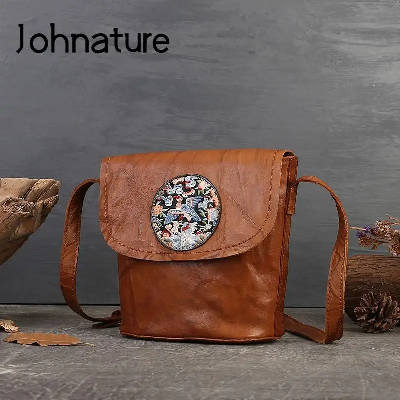 

Johnature Genuine Leather Women Bag 2024 New Handmade Retro Embroidery Versatile Soft Real Cowhide Shoulder & Crossbody Bags