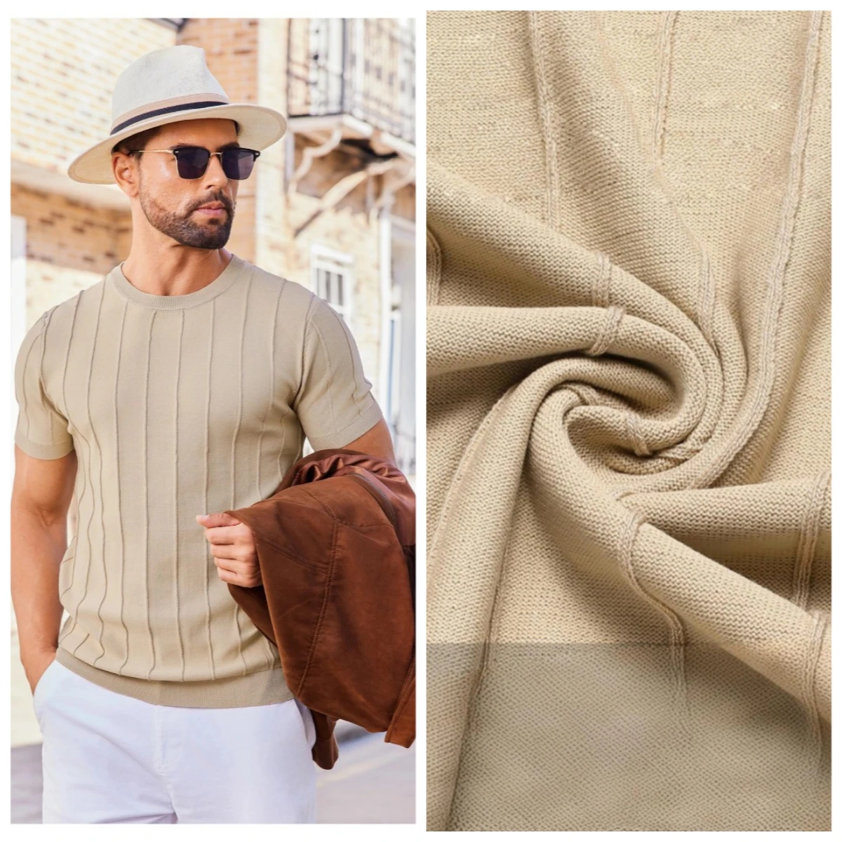New Fashion Mens Solid Color Slim T Shirts Knitted Short Sleeve O Neck Jumper Top Men Summer Trendy Striped Crochet Knit T-shirt