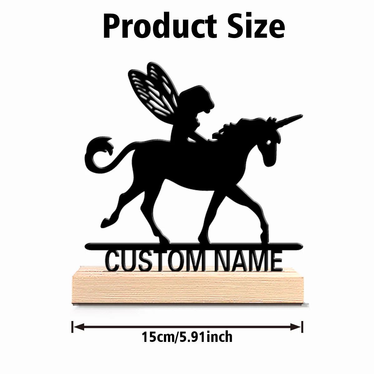 1pc Fun Personalized Custom Fairy riding unicorn Metal Statues With Wooden Base Tabletop Decoration Whimsical Desk Sculpture wit