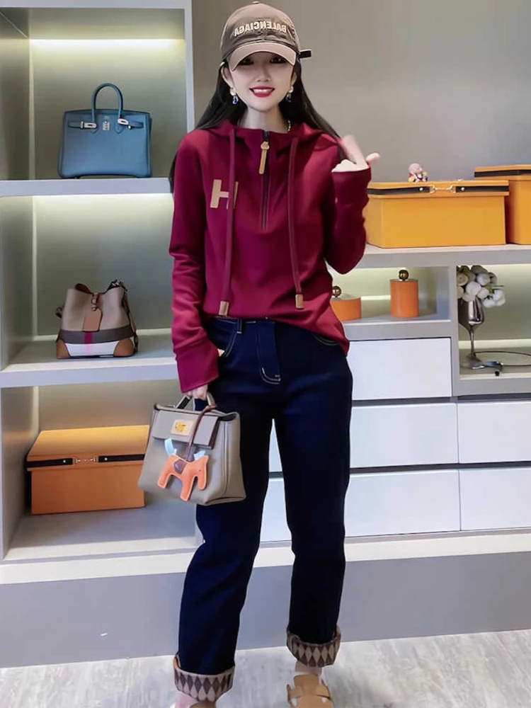 レッド両面 Fce フード付き Dstring スウェットシャツ女性のスリムフィットファイオナブル秋の新しい Sle カジュアル快適なトップ