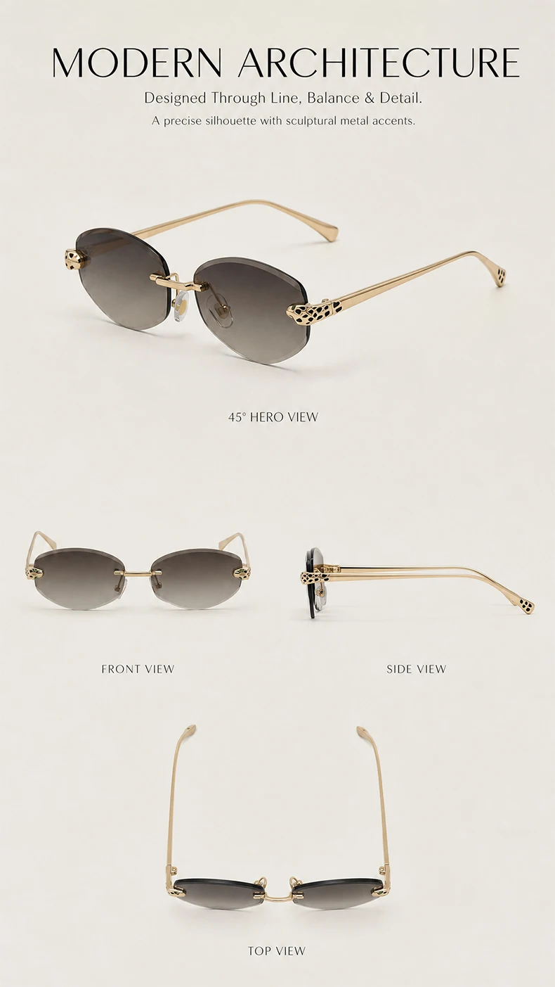 Vintage Sechseckige Randlose Sonnenbrille für Damen 2026 Luxusmarke Trendige Goldene Leopardenkopf Y2K Punk Sonnenbrillen Reise-Eyewear – Detail 2
