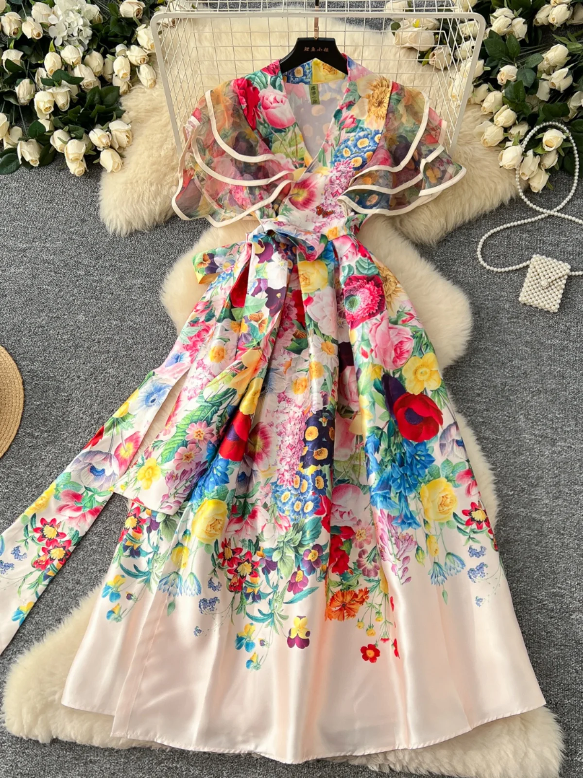 

Spring 2025 Long V-ne T Dr High Waist A-line Skirt ort Sve Floral Print Lace Trim Gown Korean Sle Commute