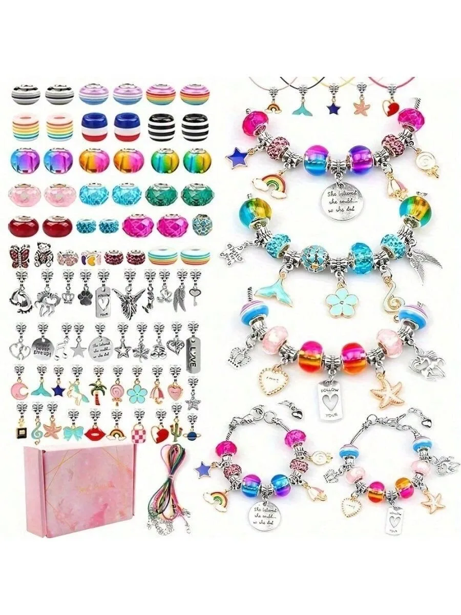 

125pcs Girls Charm Bracelet Making Kit, Jewelry Making Supplies, Jewelry Bracelet Charm Beads DIY Craft Kit With Gift Box.