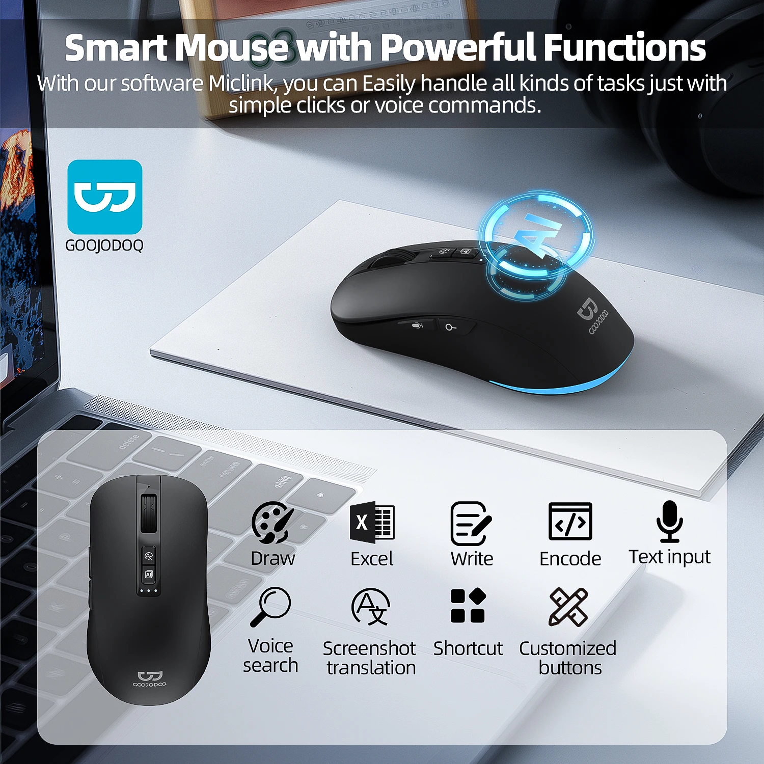 GOOJODOQ Intelligent Ai Voice Mouse Bluetooth Wireless Writing Articles Form PPT Speech Recognition Translation 100+ AI  Assist