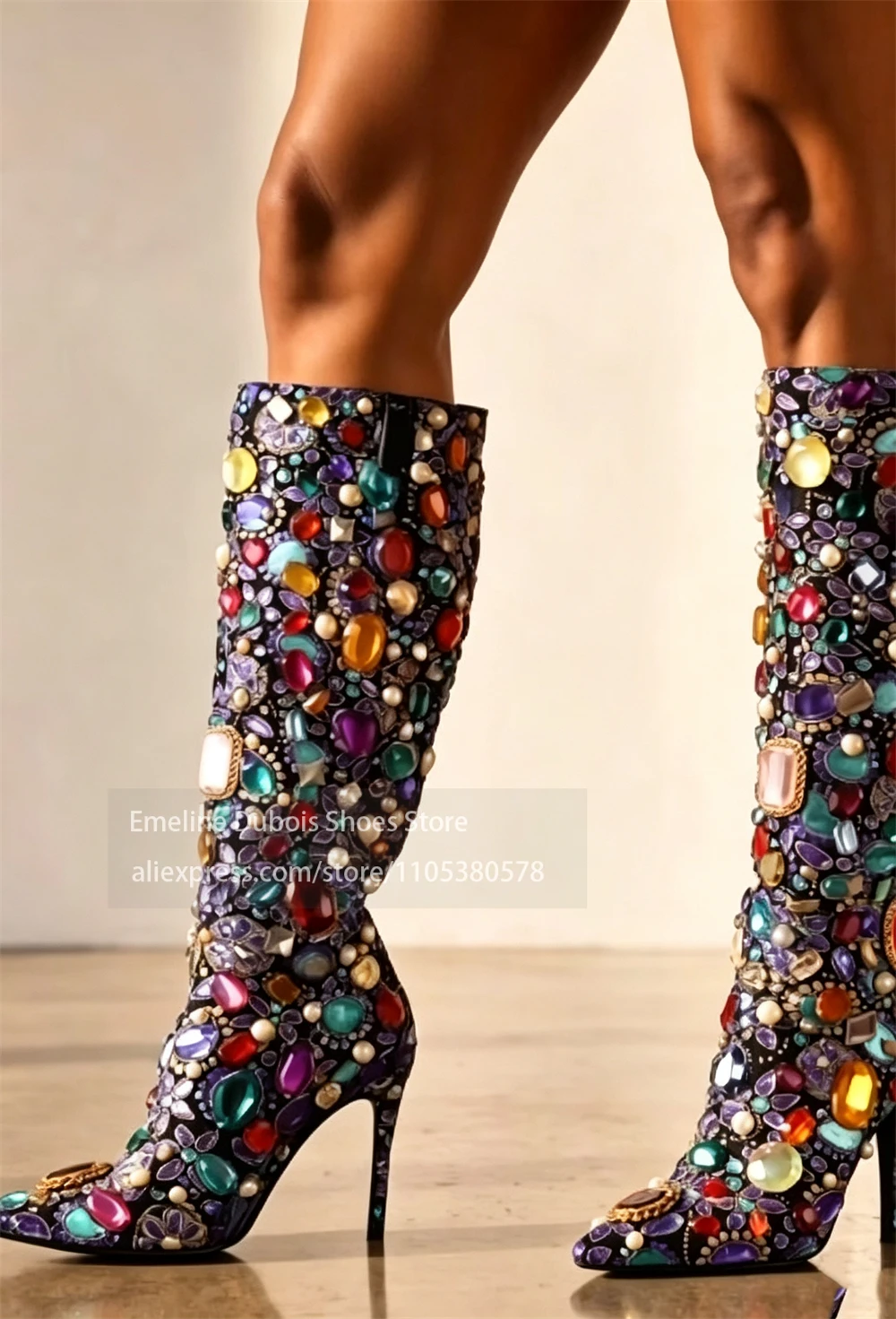 Colorful Gemstone Stiletto Knee High Boots Pointed Toe Side Zipper Luxury Women High Heel Tall Boots Nightclub Party Show Autumn