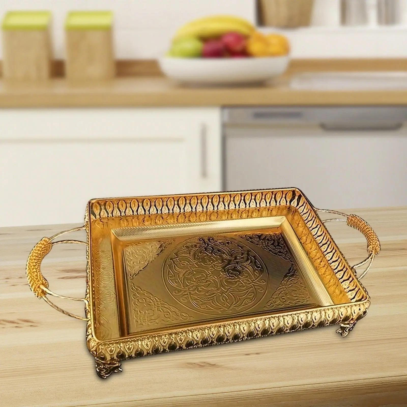 

Fruit Tray Cake Stand Decoration with Handle Breakfast Trays Gifts Rectangle Gold Snack Tray Ornament for Holiday Home,Hotel