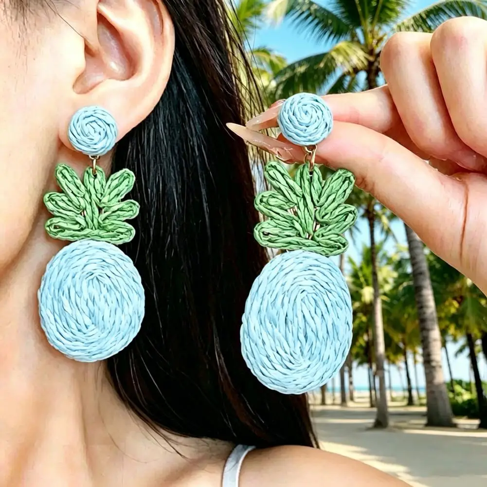 Colorful Earrings Handmade Raffia Pineapple Earrings Boho Straw Rattan Dangle Jewelry Natural Summer Beach Party Statement