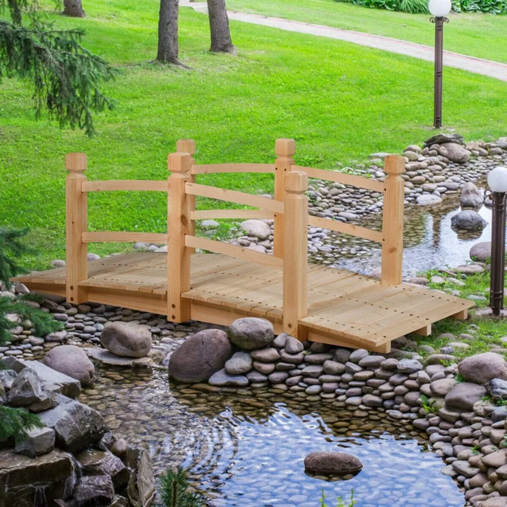 

Outdoor Garden Decor Bridge w/Railings 5 Ft Natural Wood Decorative Pond Bridge Arch Backyard Walkway