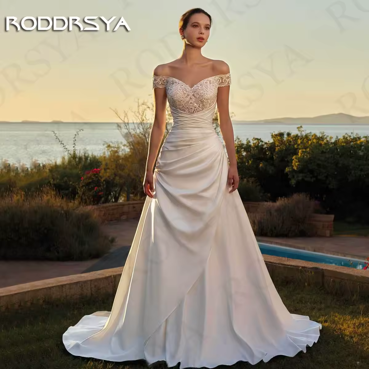 RODDRSYA Off Shoulder Satin Wedding Dresses Sweetheart Lace Appliques A Line Elegant Bridal Gowns Vestidos De Novia Customized