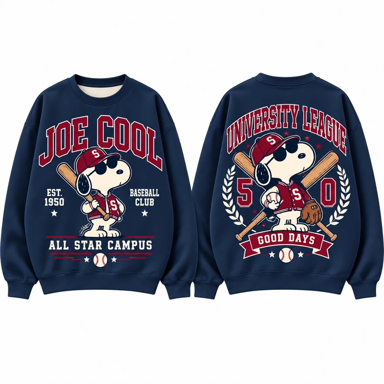 Snoopy Joe Cool Vintage Collegiate Crewneck Sweatshirt Unisex Long Sleeve Tops Retro Campus Sports Pullover Kids Streetwear