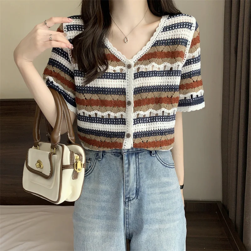 Women Crochet Knit Top Short Sleeve V-Neck Button Up Embroidery Striped Blouse Cardigan Summer Fairycore Cottagecore Outfit