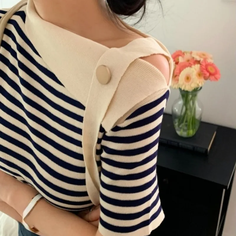 Neploe Fashion Striped Off Shoulder T-shirts Summer Thin Ice Silk Knitted Tops Women 2024 New Slim Fit Short Sleeve Tee Shirt