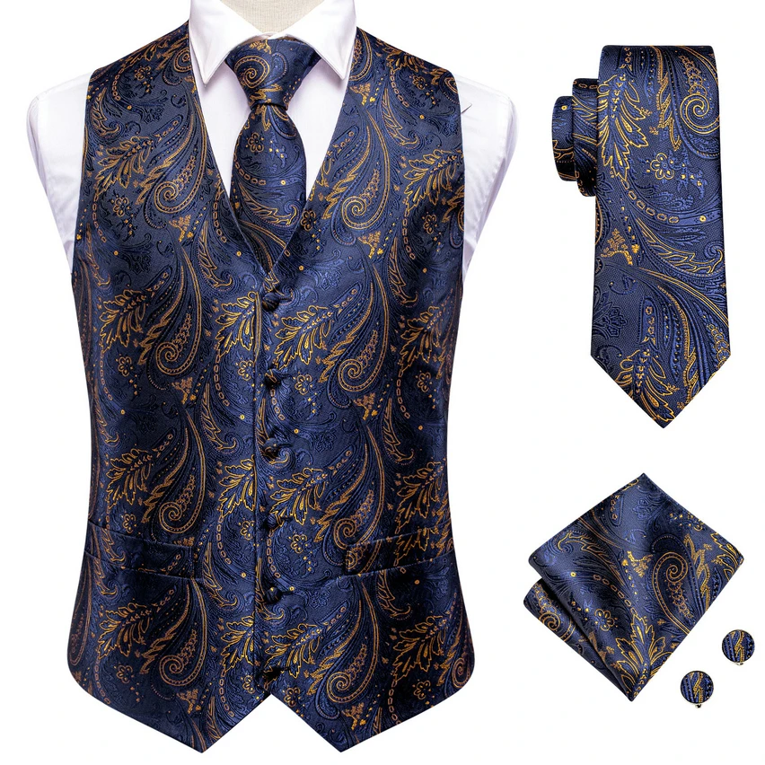 Hi-Tie Fashion Mens Wedding Waistcoat Necktie Hanky Cufflinks Vest Set  for Business Party