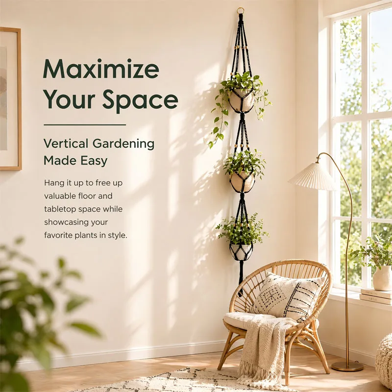 Bohemian Hand-Woven 3-Tier Hanging Plant Basket - Multi-Pot Wall/Fence Planter with Irregular Shape for Balcony Outdoor Use