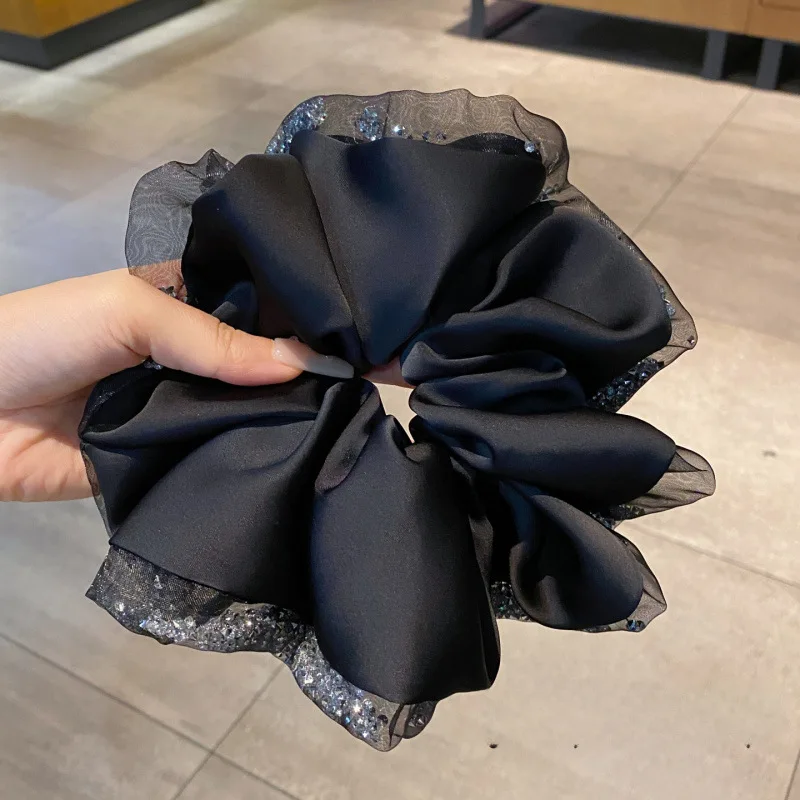 Übergroße Haargummis aus Seidenkristall für Frauen, übertrieben, glänzender Strassstein, schwarze Netz-Kopfbänder, modischer Haarschmuck