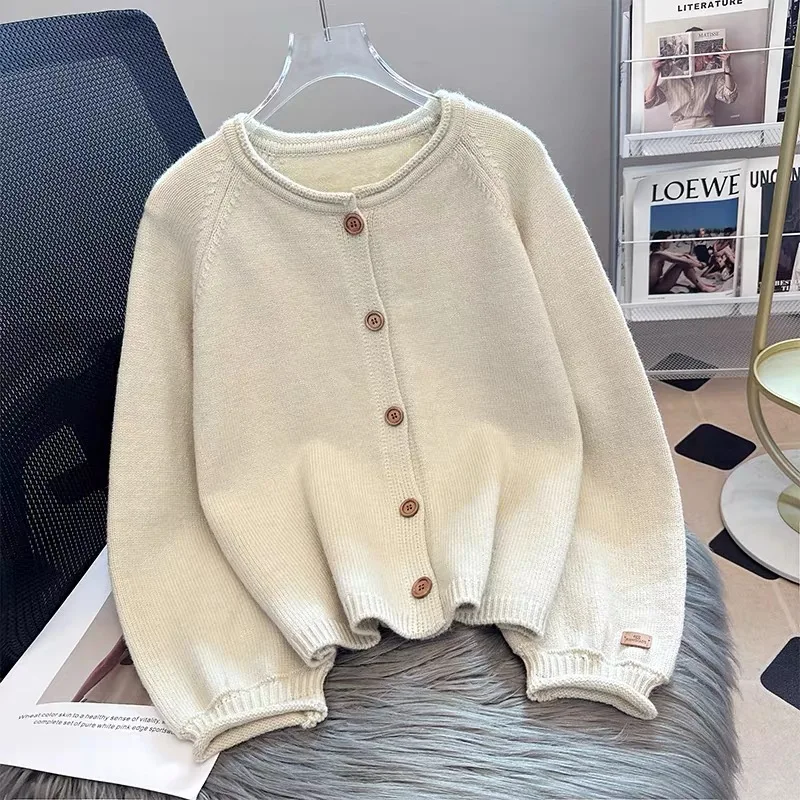 Autumn Vintage Fashion Solid Knit Cardigan Women Clothing Simple Casual Loose Chic Sweaters Wool Fashion Knitwear Tops