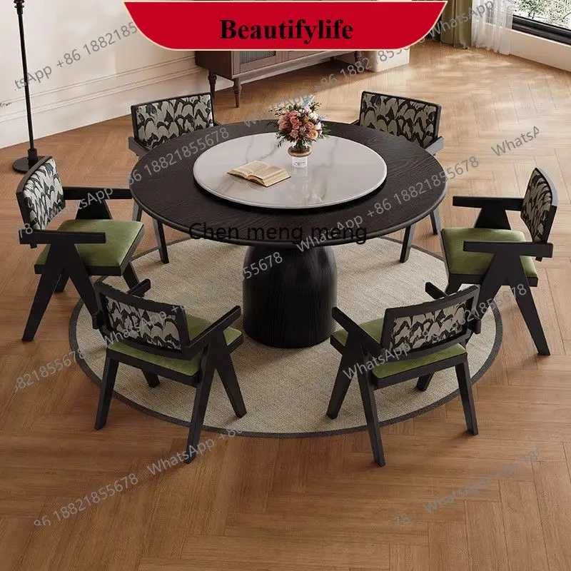 

E153 Retro style all solid wood round dining table and chairs French medieval simple round dining table with turntable