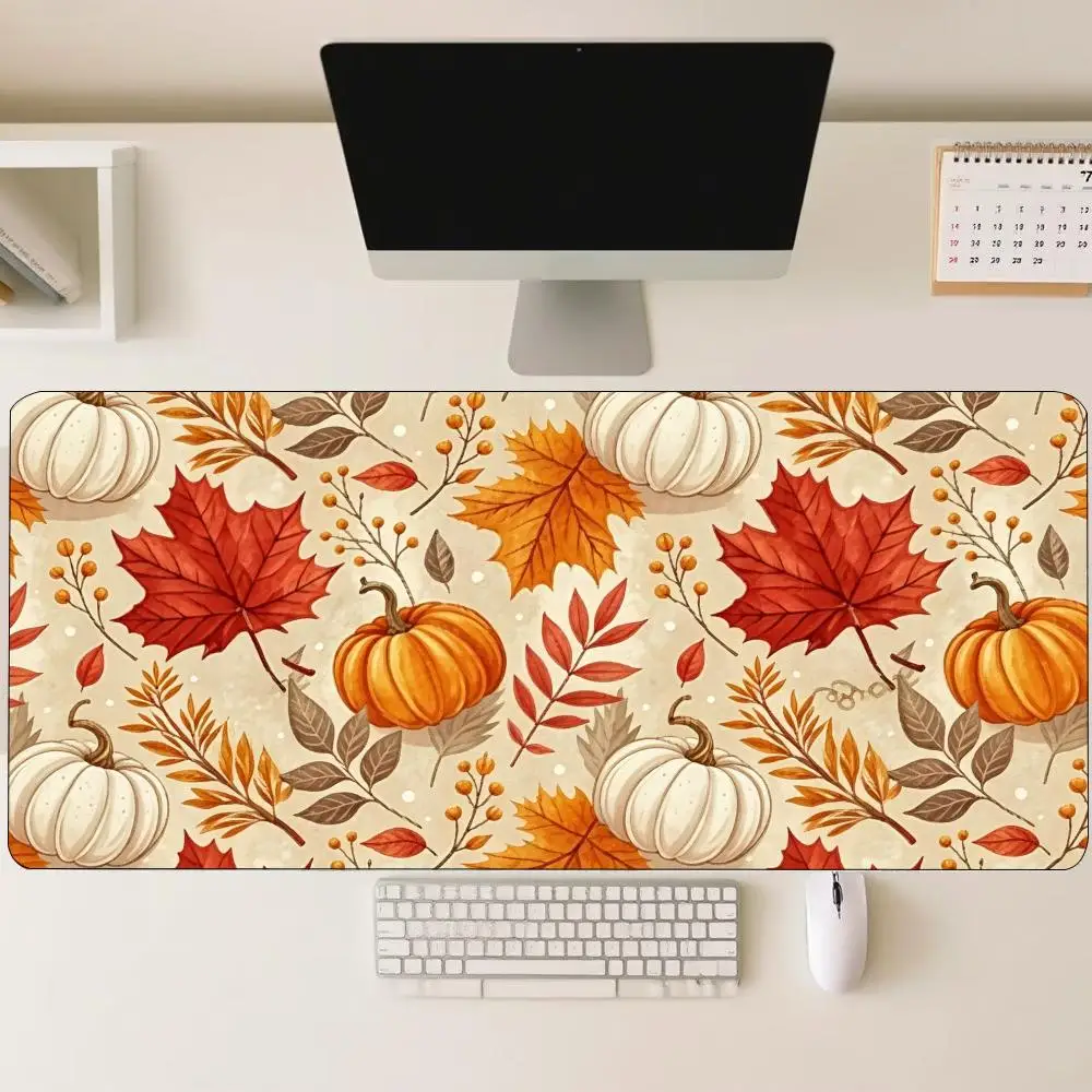Warm Autumn Fall Pumpkin Maple Leaf Watercolor Pattern Large Gaming Mouse Pad Non Slip Rubber Base XXL Desk Mat for Gamer