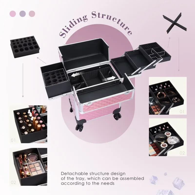 Large Pink Rolling Storage Case Professional Beauty Organizer Multi Functional Portable Trolley With Wheels For Makeup